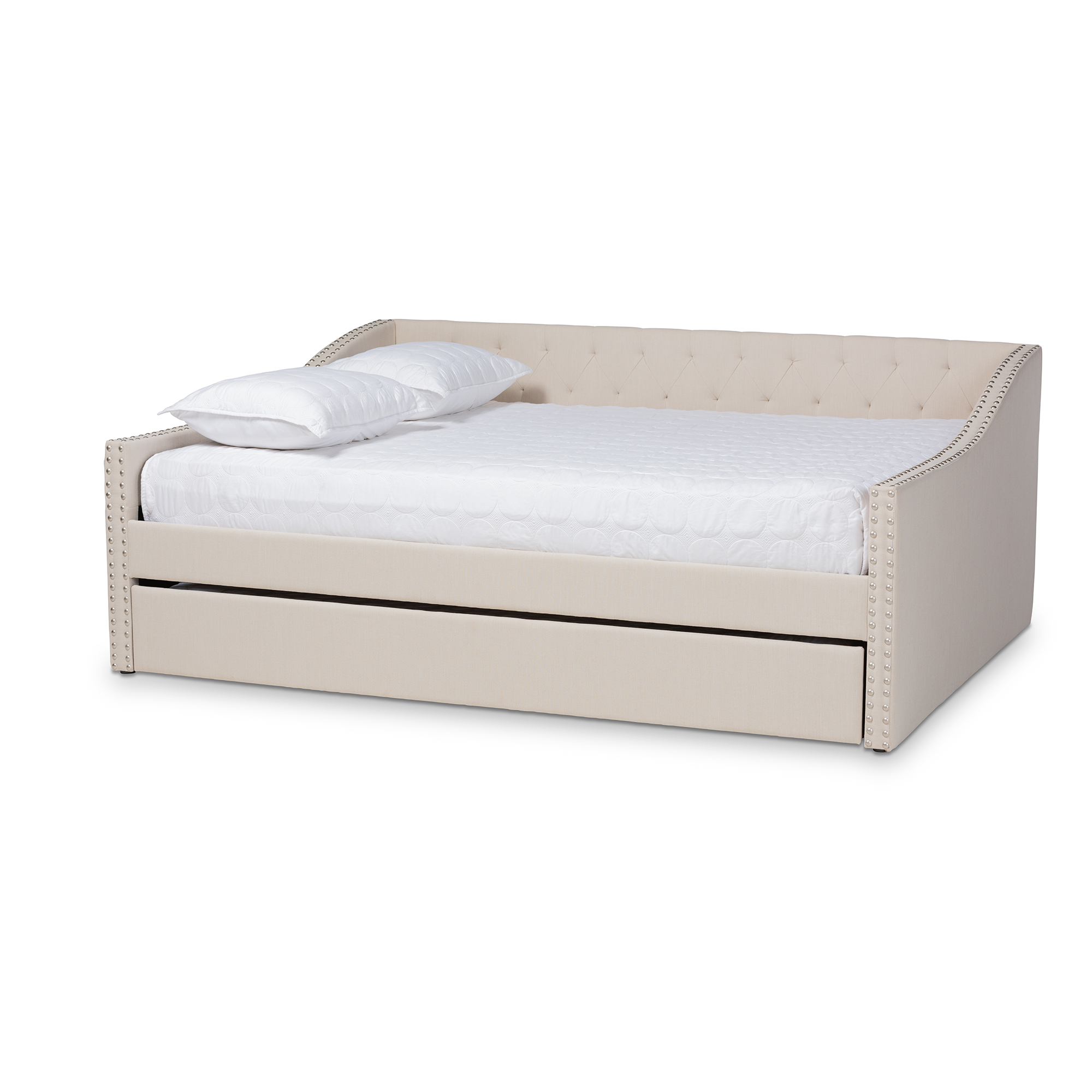 Baxton Studio Haylie Modern and Contemporary Beige Fabric Upholstered Queen Size Daybed with Roll-Out Trundle Bed